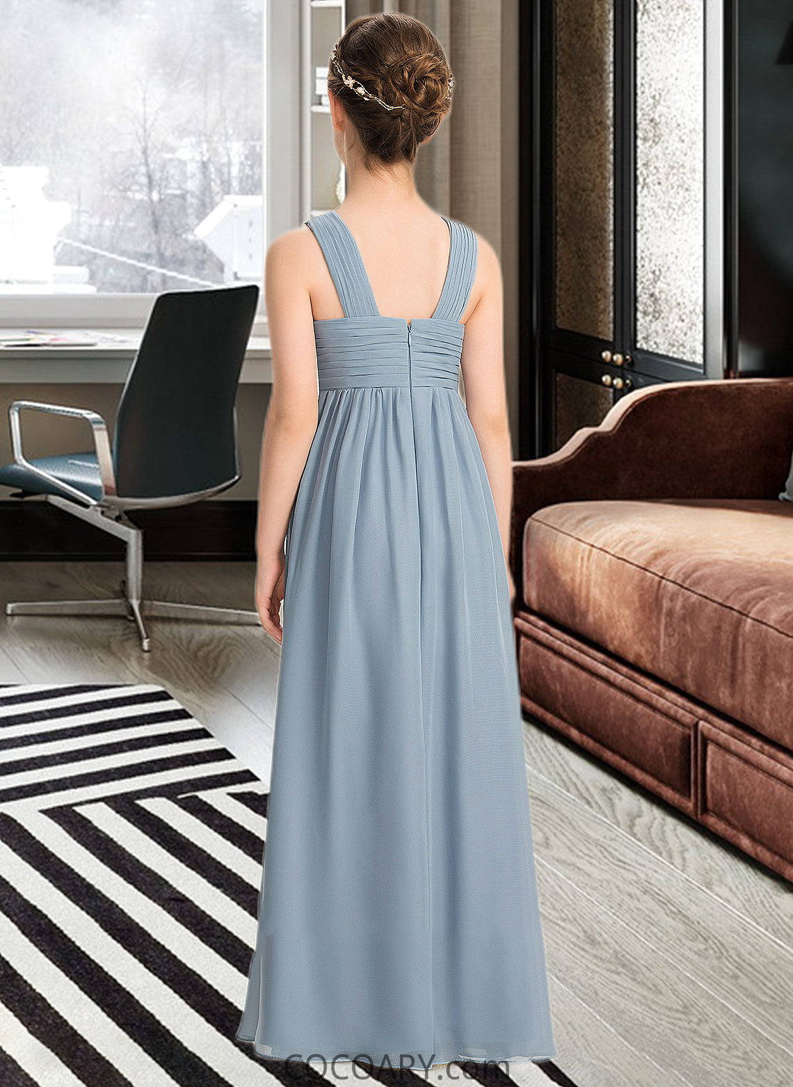 Rory A-Line V-neck Floor-Length Chiffon Junior Bridesmaid Dress With Ruffle DA8P0013561