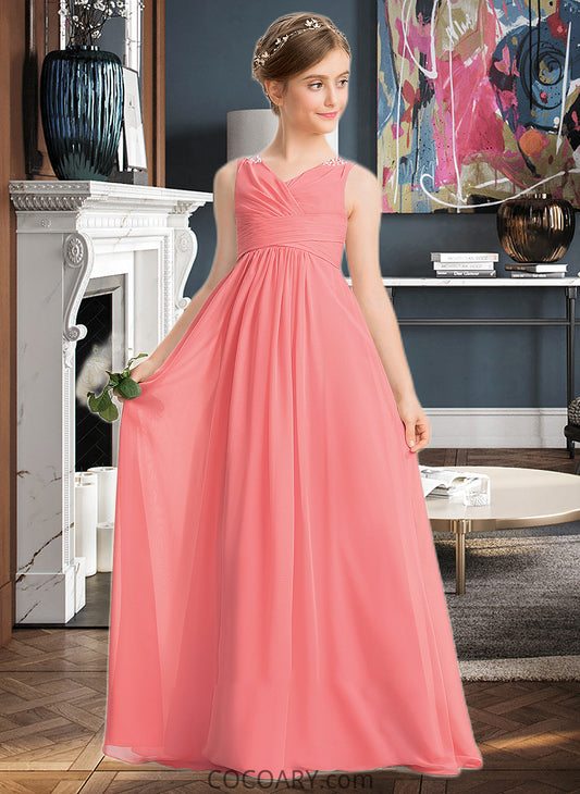 Campbell EmpireV-neckFloor-LengthChiffonJuniorBridesmaidDressWithRuffleBeadingSequins#173291 DA8P0013562