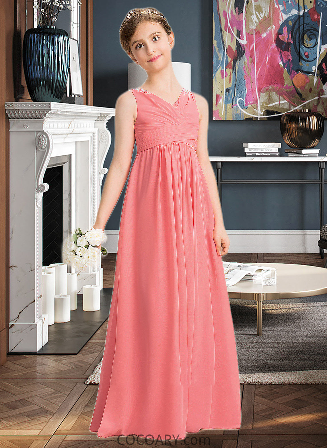 Campbell EmpireV-neckFloor-LengthChiffonJuniorBridesmaidDressWithRuffleBeadingSequins#173291 DA8P0013562