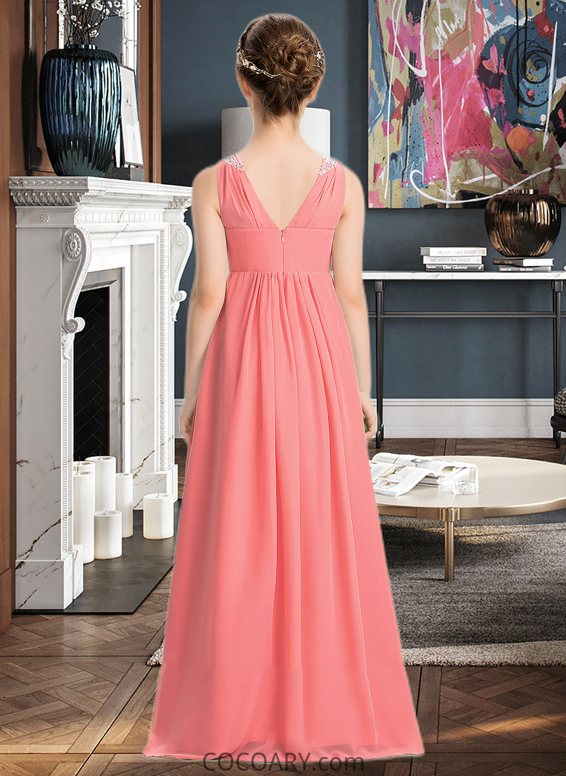 Campbell EmpireV-neckFloor-LengthChiffonJuniorBridesmaidDressWithRuffleBeadingSequins#173291 DA8P0013562