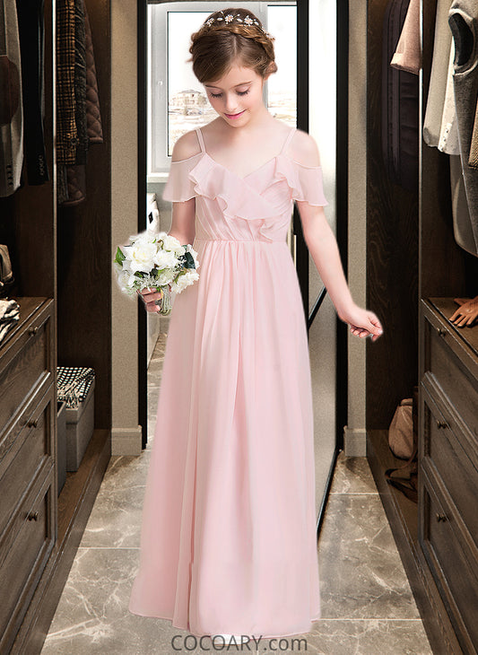 Hailie A-Line V-neck Floor-Length Chiffon Junior Bridesmaid Dress With Cascading Ruffles DA8P0013567