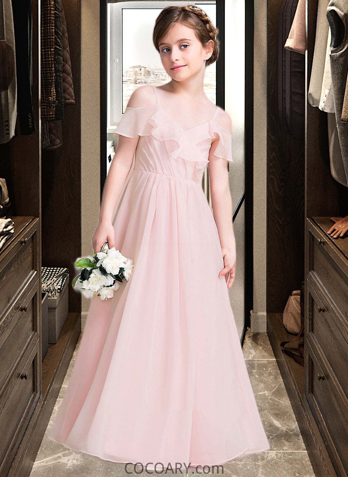 Hailie A-Line V-neck Floor-Length Chiffon Junior Bridesmaid Dress With Cascading Ruffles DA8P0013567