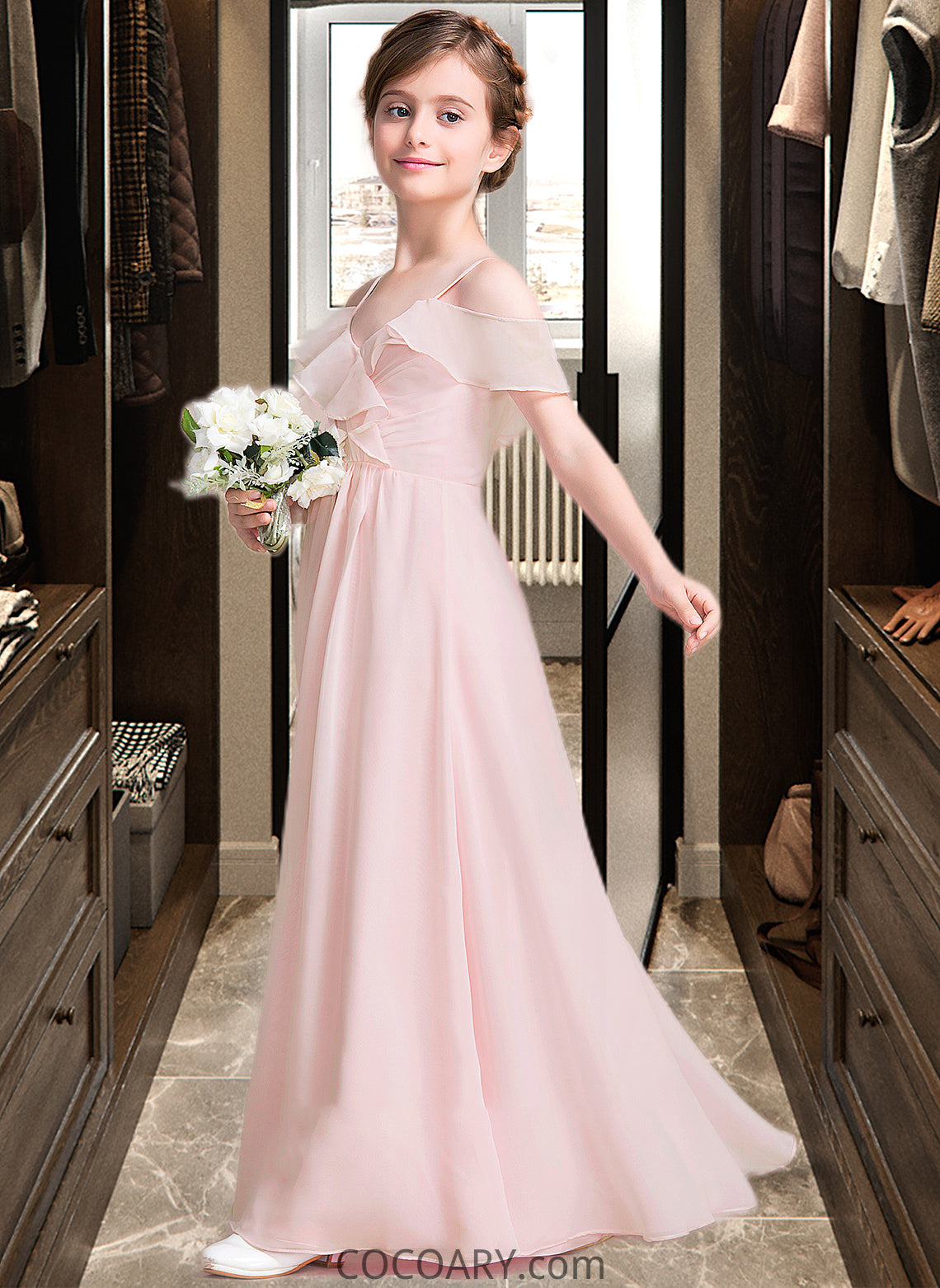 Hailie A-Line V-neck Floor-Length Chiffon Junior Bridesmaid Dress With Cascading Ruffles DA8P0013567