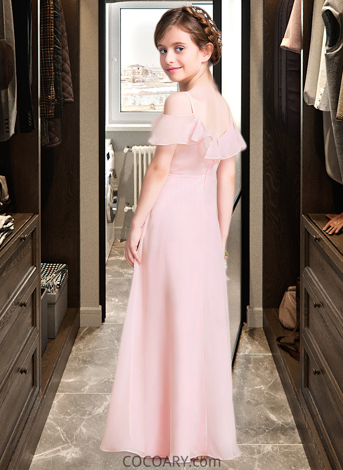 Hailie A-Line V-neck Floor-Length Chiffon Junior Bridesmaid Dress With Cascading Ruffles DA8P0013567