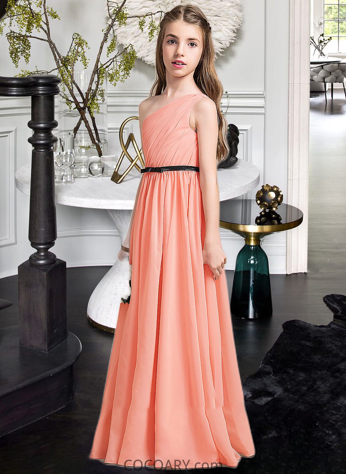 Mignon A-Line One-Shoulder Floor-Length Chiffon Junior Bridesmaid Dress With Ruffle Bow(s) DA8P0013570