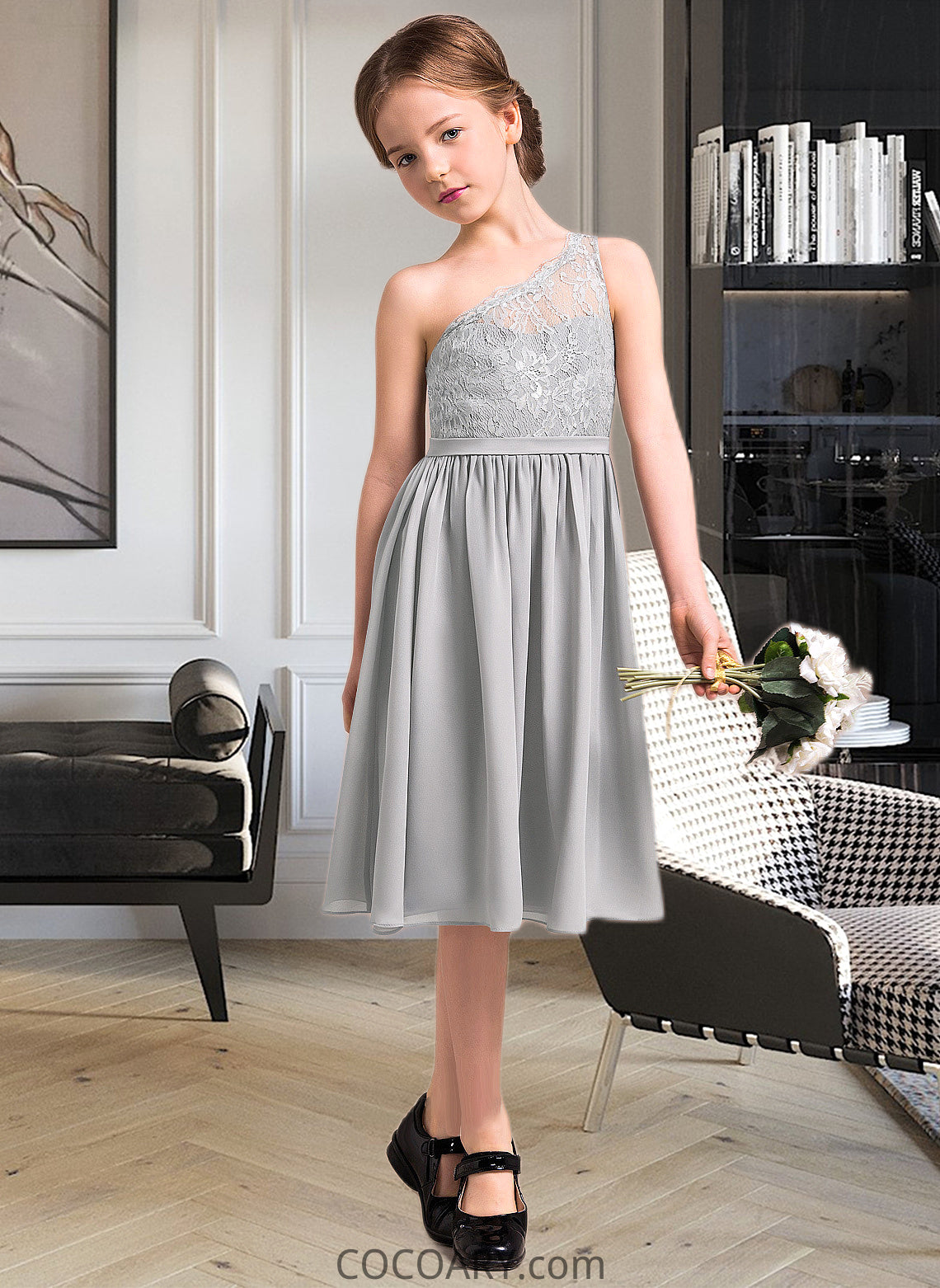 Hana A-Line One-Shoulder Knee-Length Chiffon Lace Junior Bridesmaid Dress DA8P0013571