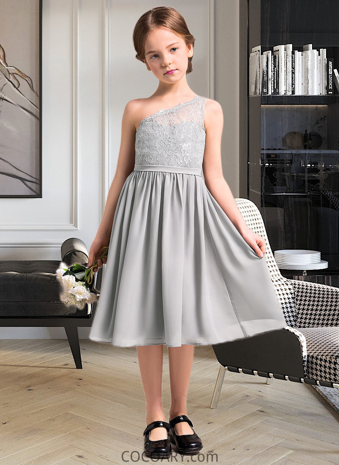 Hana A-Line One-Shoulder Knee-Length Chiffon Lace Junior Bridesmaid Dress DA8P0013571