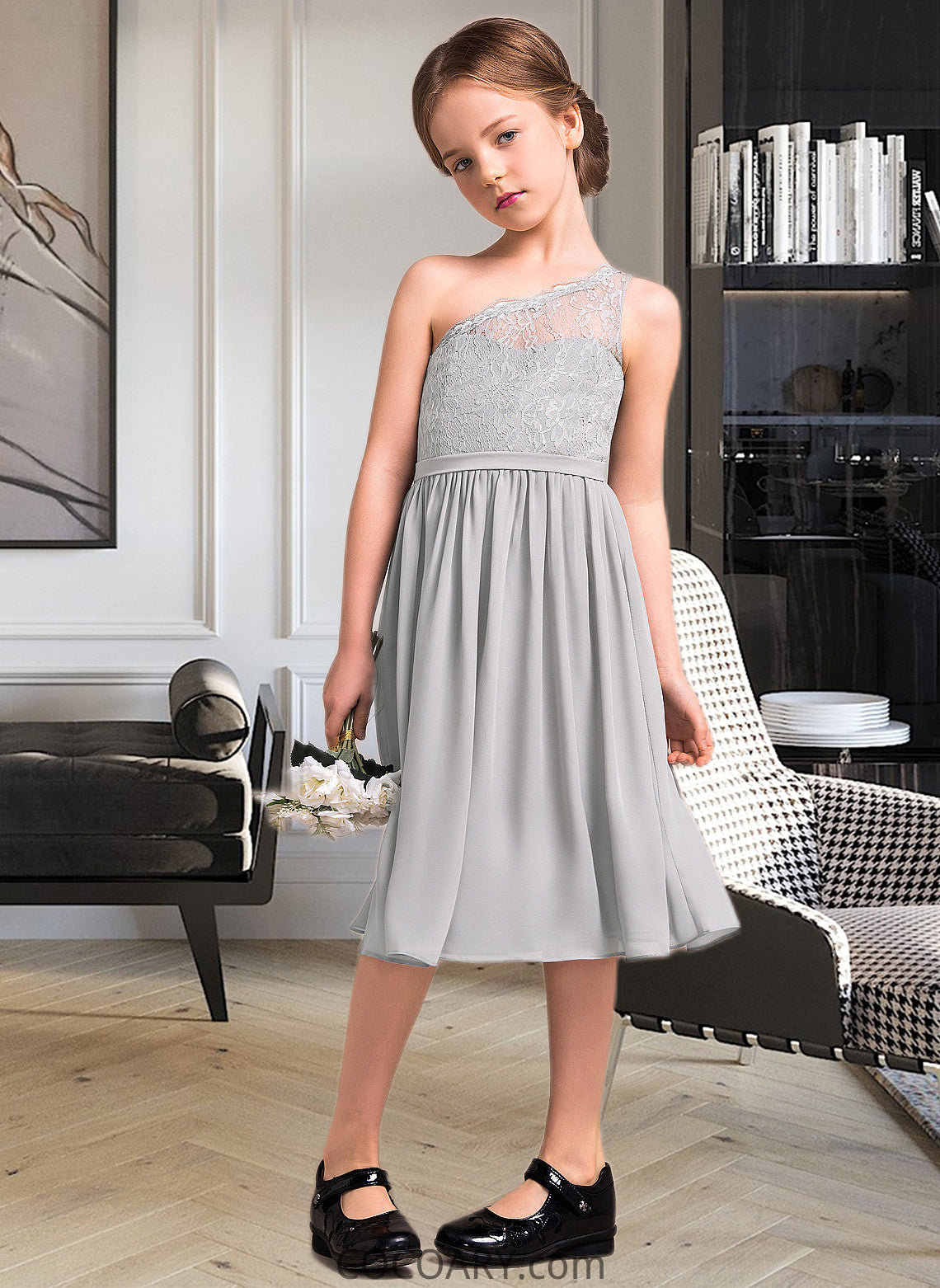 Hana A-Line One-Shoulder Knee-Length Chiffon Lace Junior Bridesmaid Dress DA8P0013571