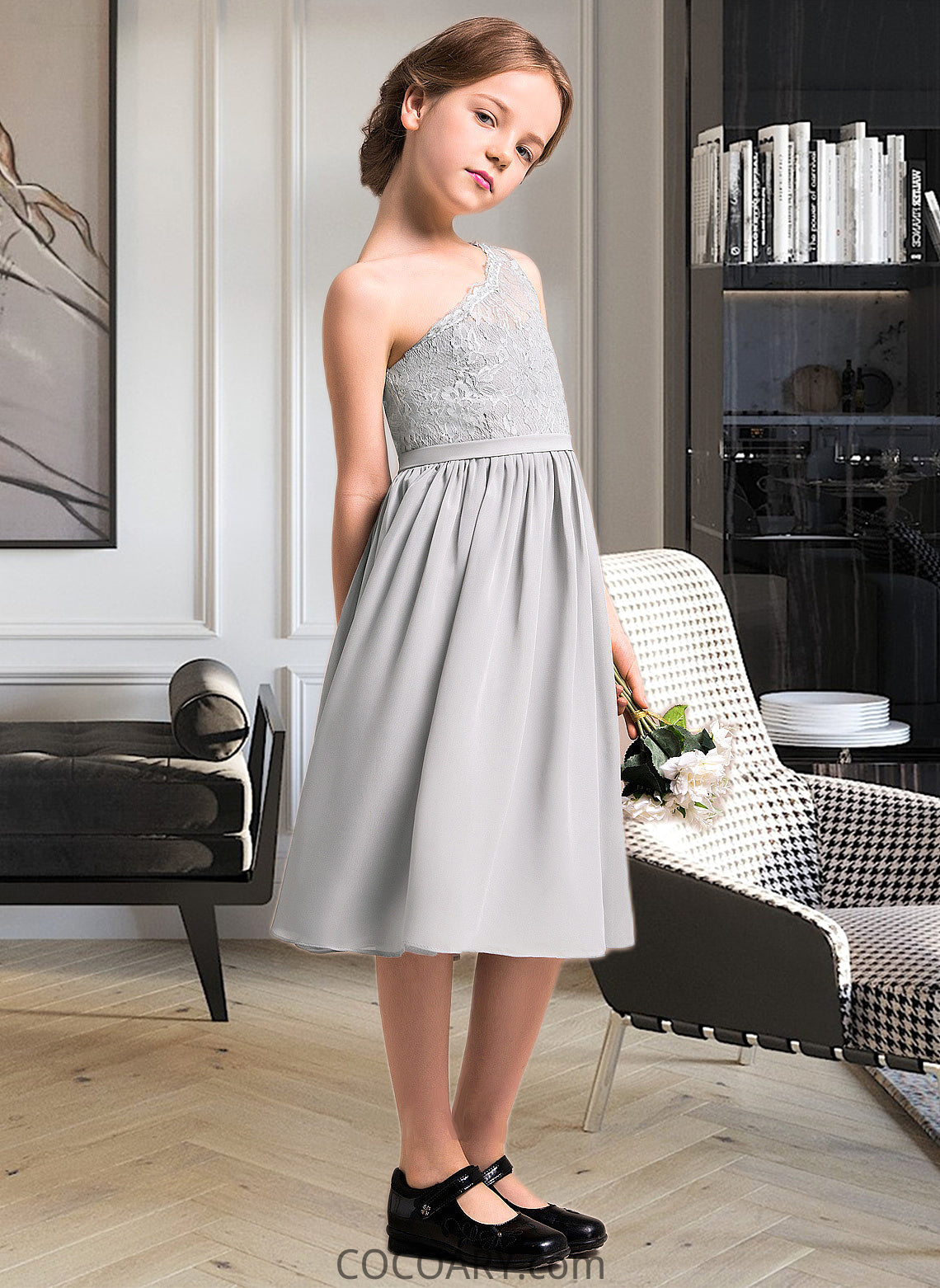 Hana A-Line One-Shoulder Knee-Length Chiffon Lace Junior Bridesmaid Dress DA8P0013571