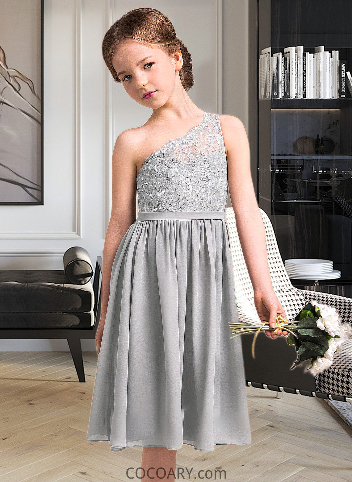 Hana A-Line One-Shoulder Knee-Length Chiffon Lace Junior Bridesmaid Dress DA8P0013571