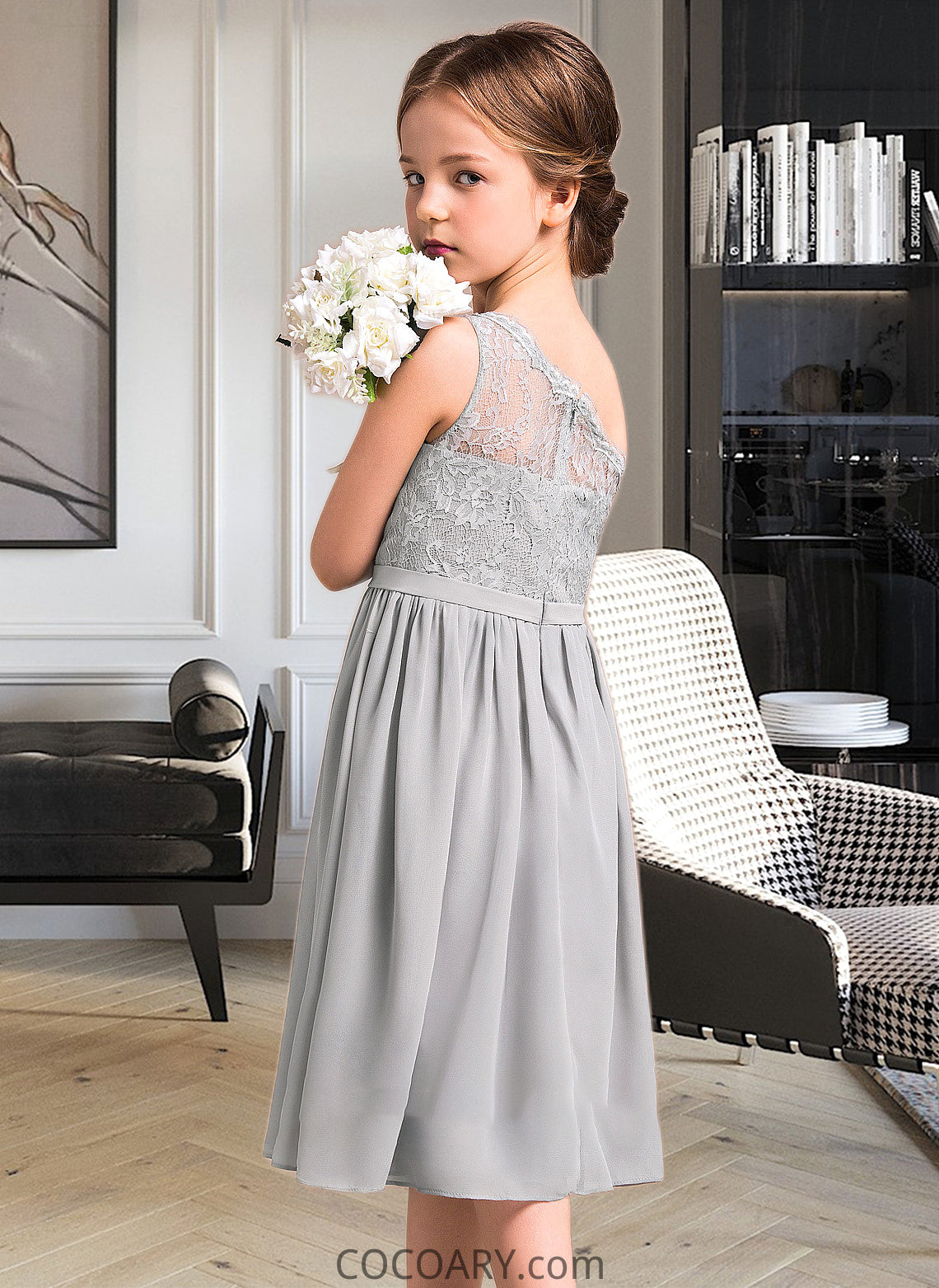 Hana A-Line One-Shoulder Knee-Length Chiffon Lace Junior Bridesmaid Dress DA8P0013571