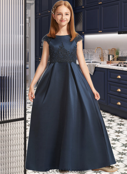 Emilia A-Line Scoop Neck Floor-Length Satin Lace Junior Bridesmaid Dress With Beading Sequins Bow(s) DA8P0013574