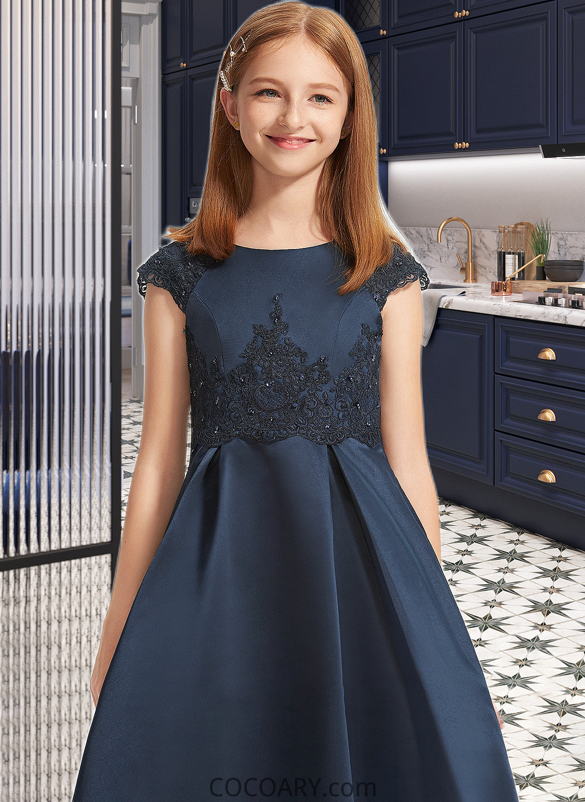 Emilia A-Line Scoop Neck Floor-Length Satin Lace Junior Bridesmaid Dress With Beading Sequins Bow(s) DA8P0013574