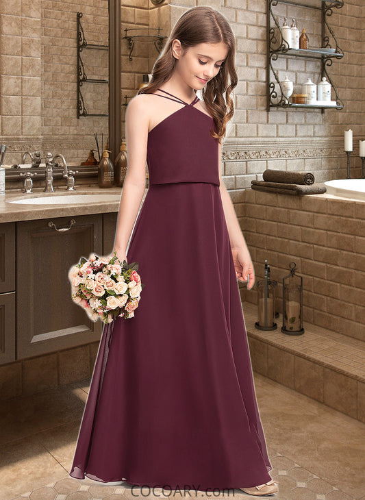 Priscilla A-Line V-neck Floor-Length Chiffon Junior Bridesmaid Dress DA8P0013577