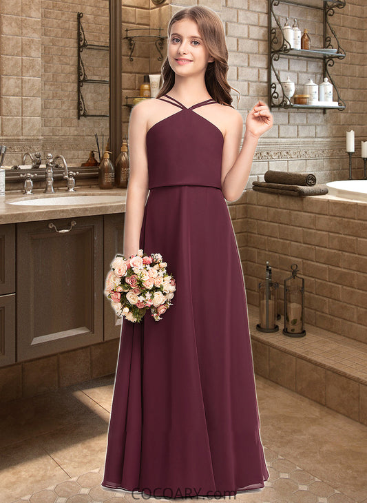 Priscilla A-Line V-neck Floor-Length Chiffon Junior Bridesmaid Dress DA8P0013577