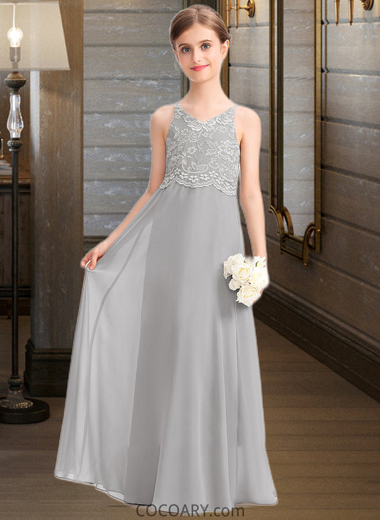 Khloe A-Line V-neck Floor-Length Chiffon Lace Junior Bridesmaid Dress DA8P0013579