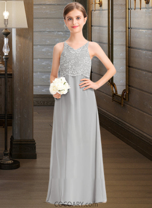 Khloe A-Line V-neck Floor-Length Chiffon Lace Junior Bridesmaid Dress DA8P0013579