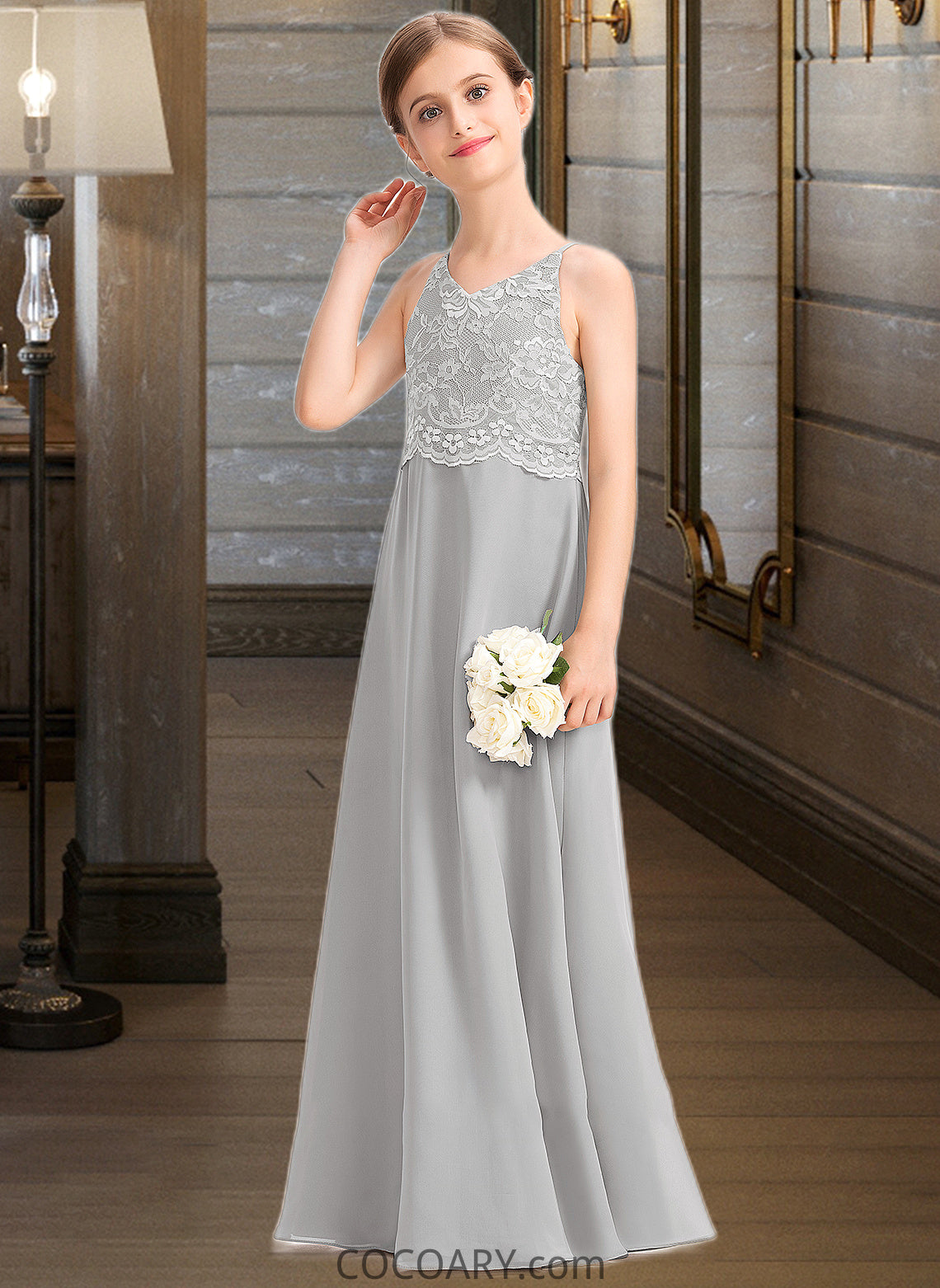 Khloe A-Line V-neck Floor-Length Chiffon Lace Junior Bridesmaid Dress DA8P0013579