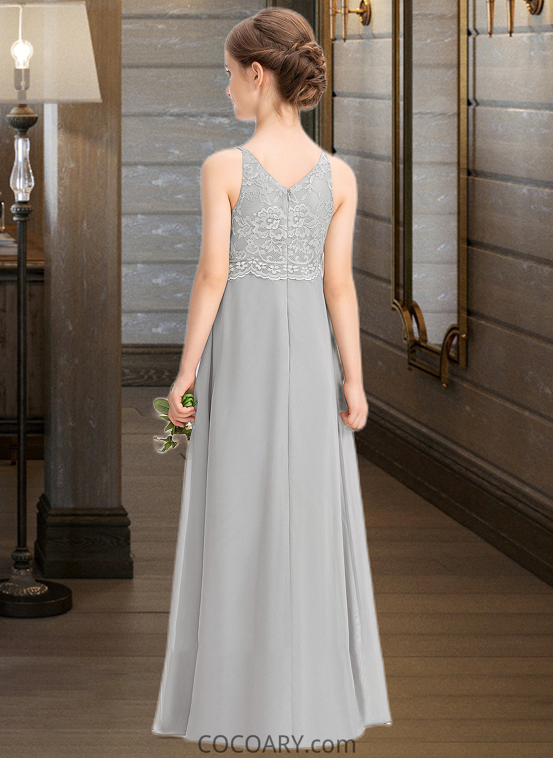 Khloe A-Line V-neck Floor-Length Chiffon Lace Junior Bridesmaid Dress DA8P0013579