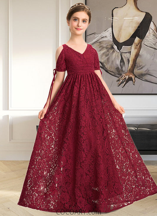 Cynthia A-Line V-neck Floor-Length Lace Junior Bridesmaid Dress With Ruffle Bow(s) DA8P0013581