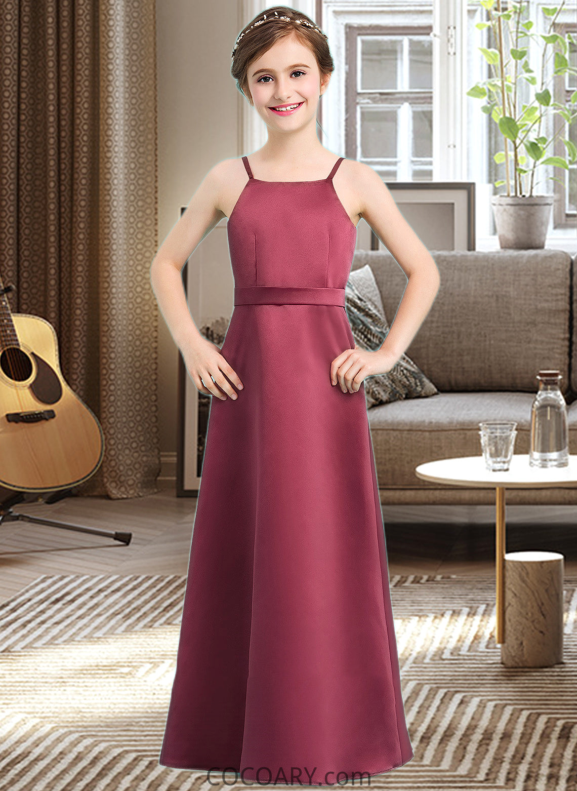 Brielle A-Line Square Neckline Floor-Length Satin Junior Bridesmaid Dress With Bow(s) DA8P0013585