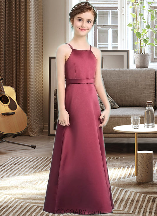 Brielle A-Line Square Neckline Floor-Length Satin Junior Bridesmaid Dress With Bow(s) DA8P0013585