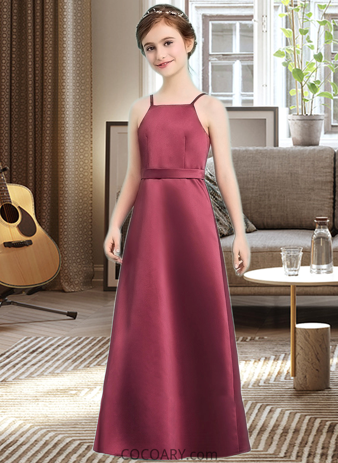 Brielle A-Line Square Neckline Floor-Length Satin Junior Bridesmaid Dress With Bow(s) DA8P0013585