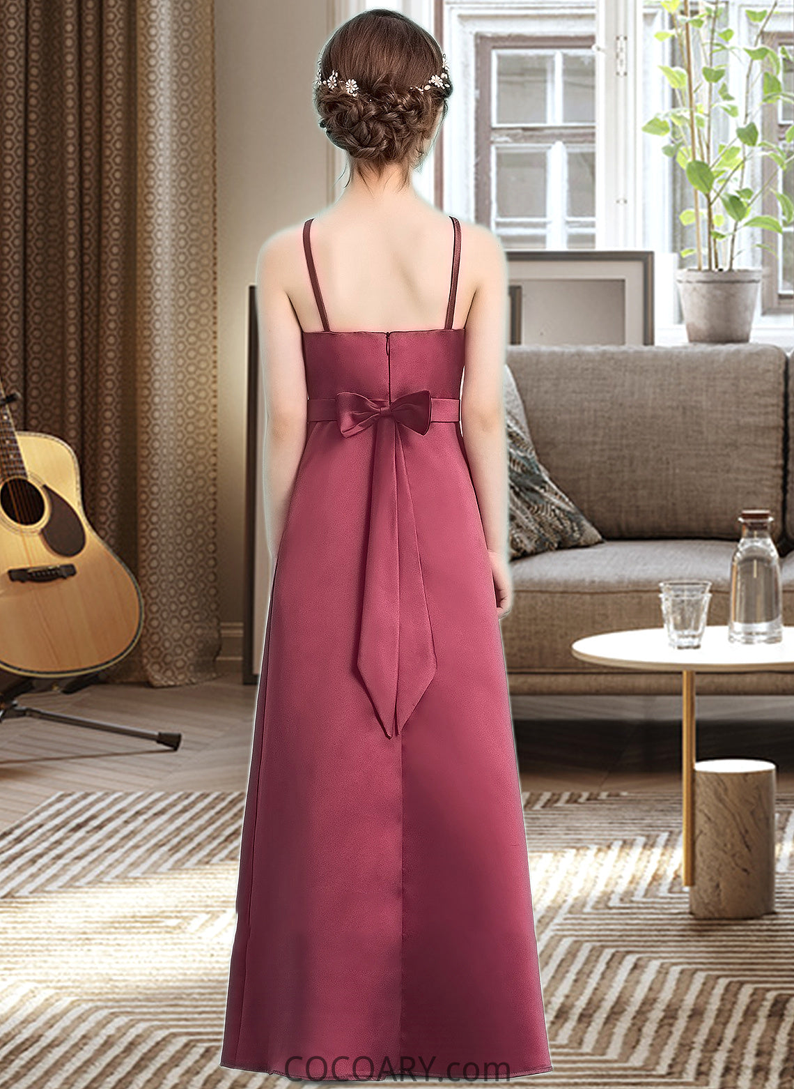 Brielle A-Line Square Neckline Floor-Length Satin Junior Bridesmaid Dress With Bow(s) DA8P0013585