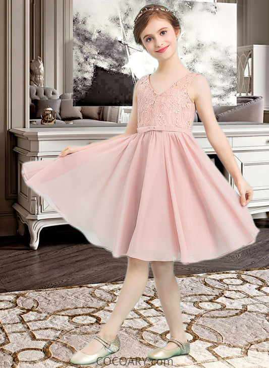 Emely A-Line V-neck Knee-Length Chiffon Junior Bridesmaid Dress With Bow(s) DA8P0013586