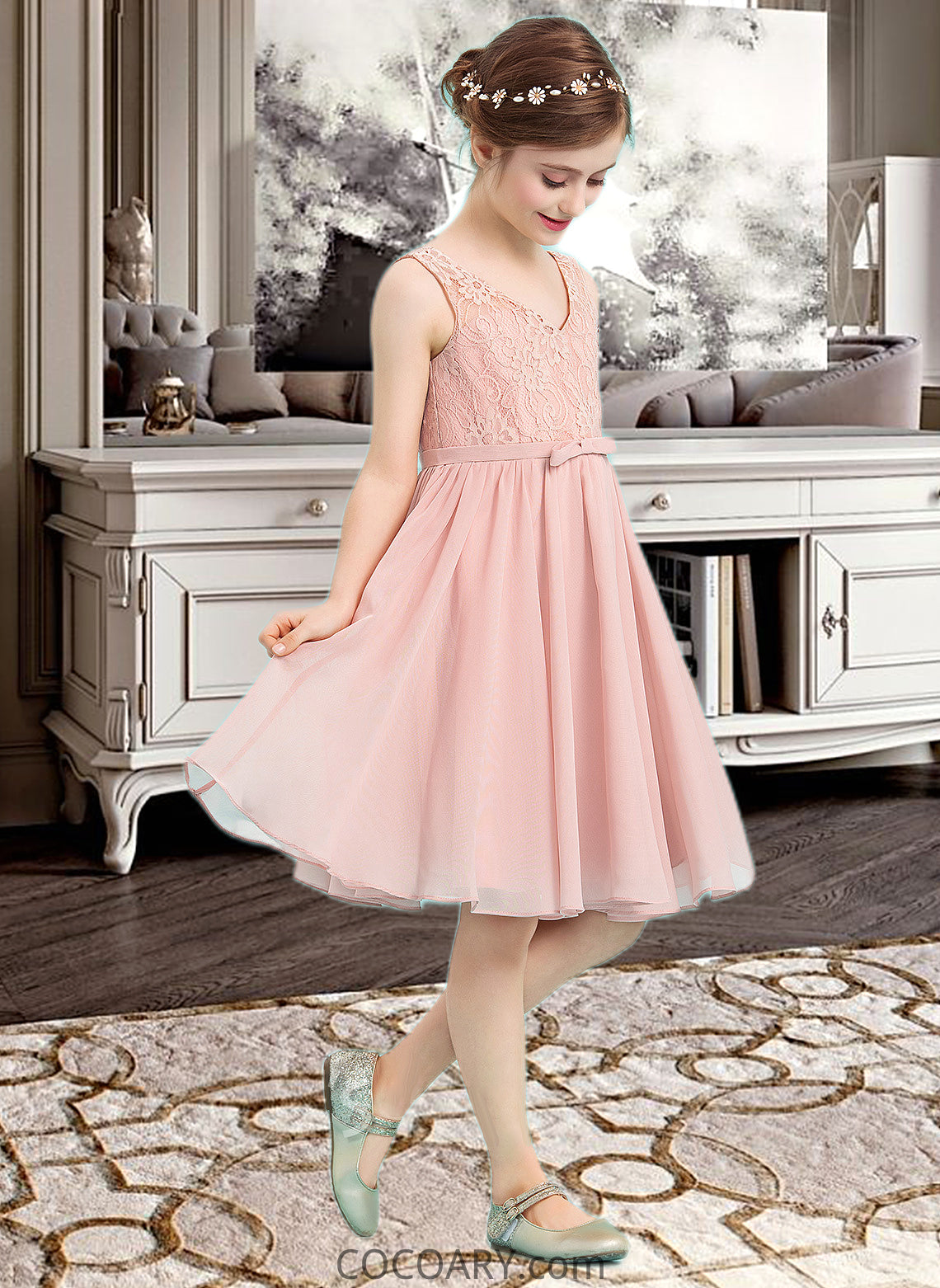 Emely A-Line V-neck Knee-Length Chiffon Junior Bridesmaid Dress With Bow(s) DA8P0013586