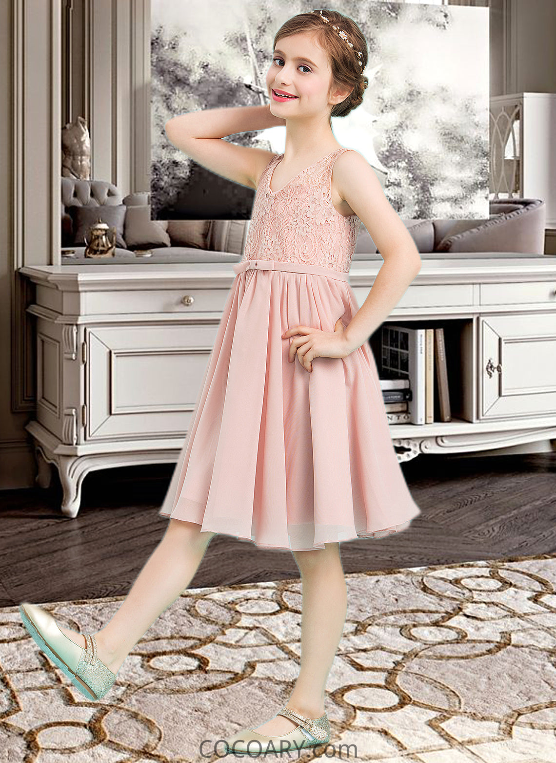 Emely A-Line V-neck Knee-Length Chiffon Junior Bridesmaid Dress With Bow(s) DA8P0013586