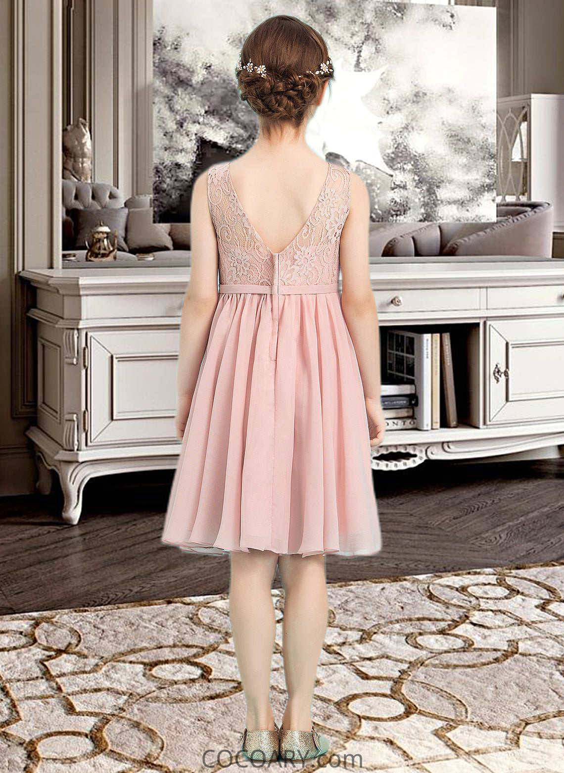 Emely A-Line V-neck Knee-Length Chiffon Junior Bridesmaid Dress With Bow(s) DA8P0013586