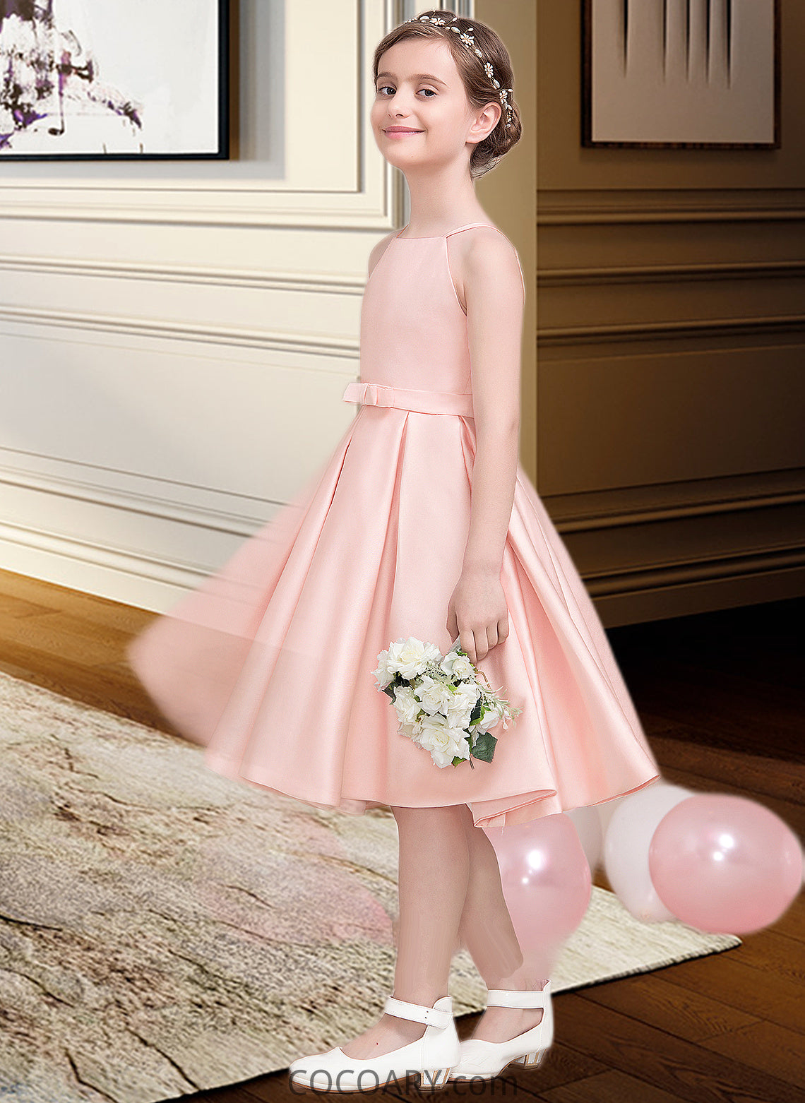 Jamiya A-Line Square Neckline Knee-Length Satin Junior Bridesmaid Dress With Bow(s) DA8P0013593