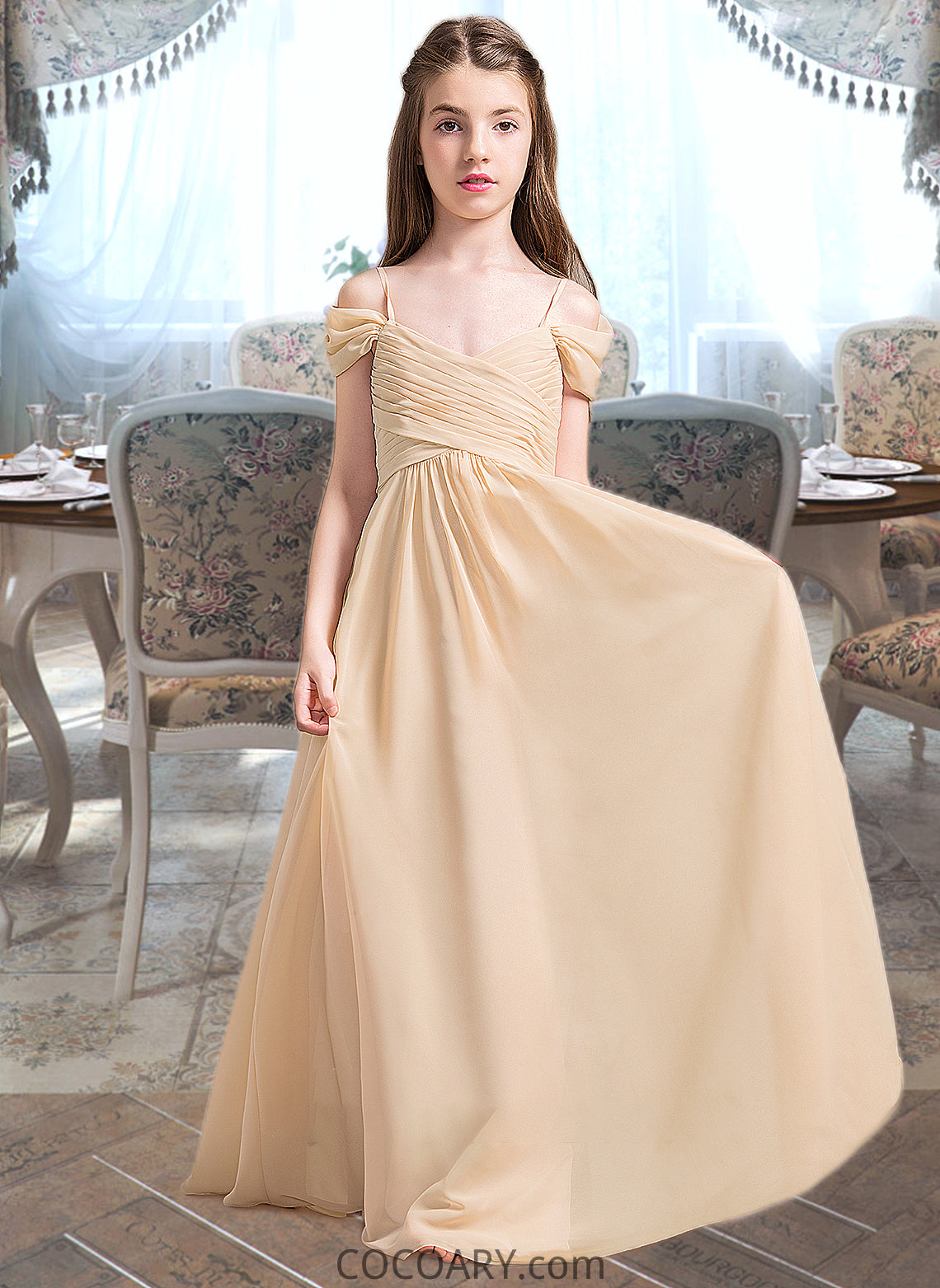 Madalynn A-Line Off-the-Shoulder Floor-Length Chiffon Junior Bridesmaid Dress With Ruffle DA8P0013595