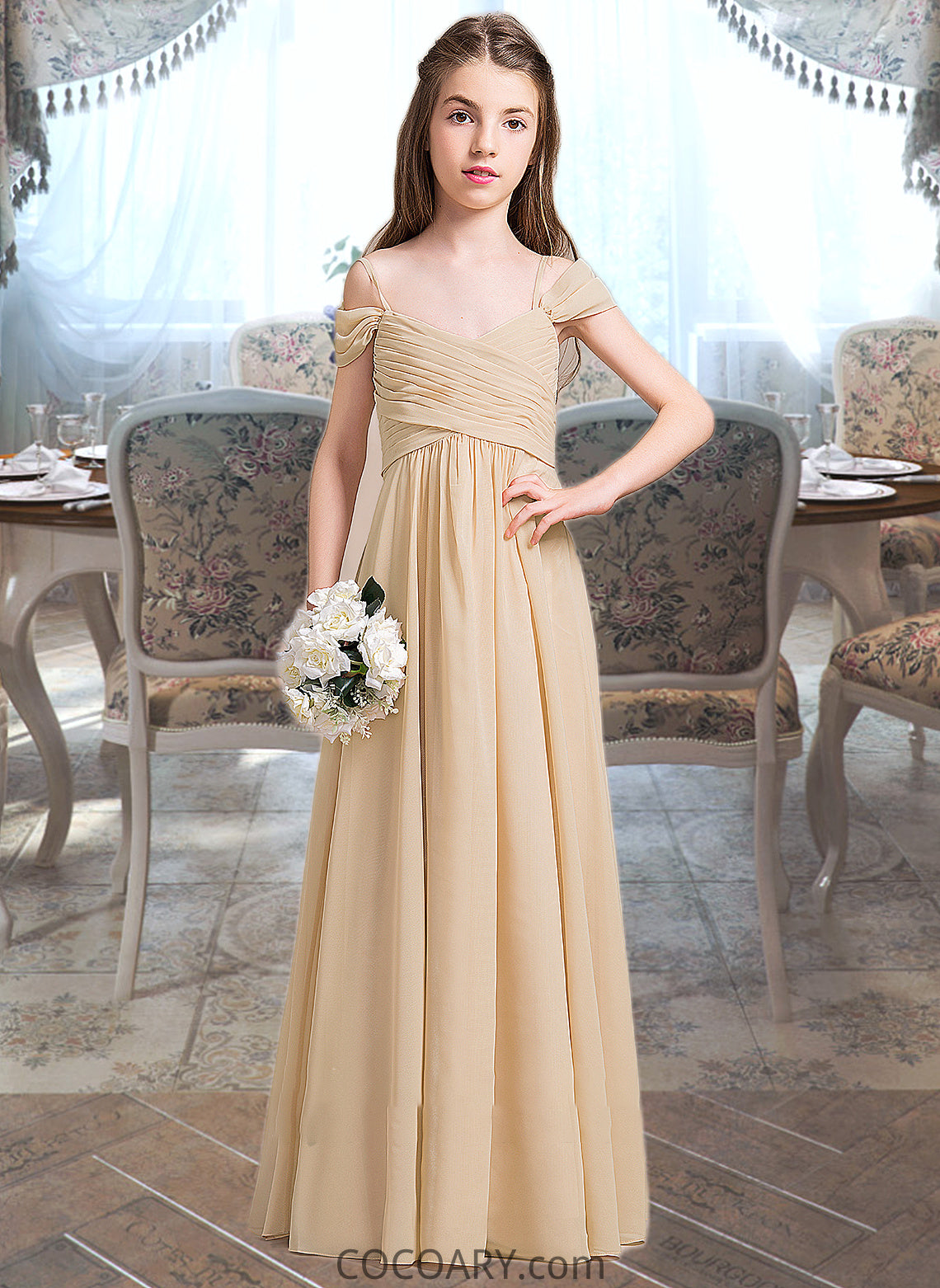 Madalynn A-Line Off-the-Shoulder Floor-Length Chiffon Junior Bridesmaid Dress With Ruffle DA8P0013595