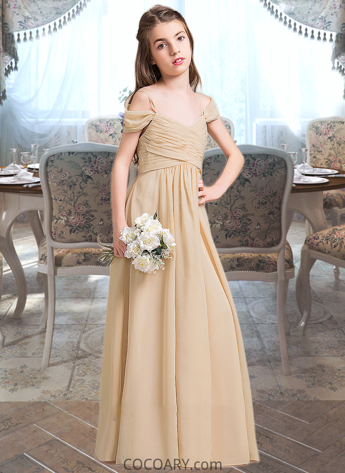 Madalynn A-Line Off-the-Shoulder Floor-Length Chiffon Junior Bridesmaid Dress With Ruffle DA8P0013595