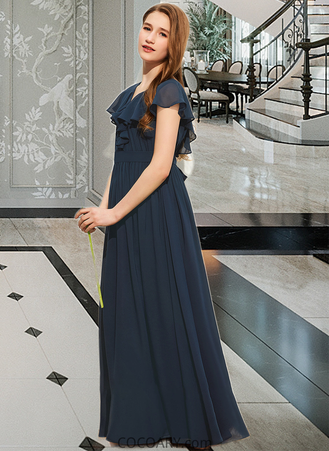 Lia A-Line V-neck Floor-Length Chiffon Junior Bridesmaid Dress With Bow(s) Cascading Ruffles DA8P0013599