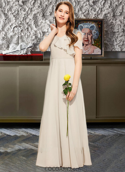 Reese A-Line V-neck Floor-Length Chiffon Junior Bridesmaid Dress With Cascading Ruffles DA8P0013603