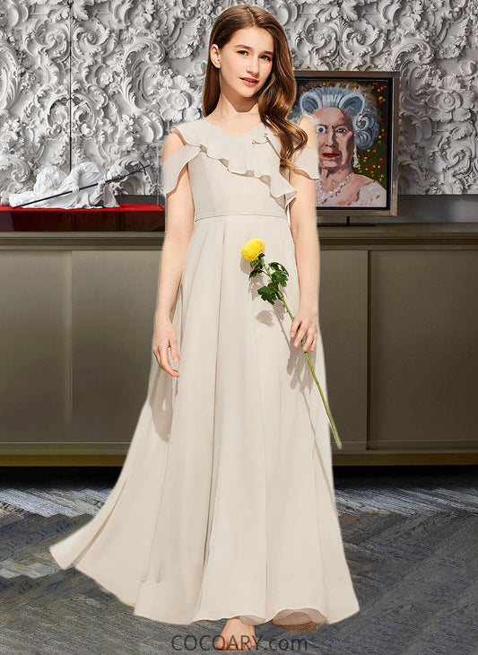 Reese A-Line V-neck Floor-Length Chiffon Junior Bridesmaid Dress With Cascading Ruffles DA8P0013603