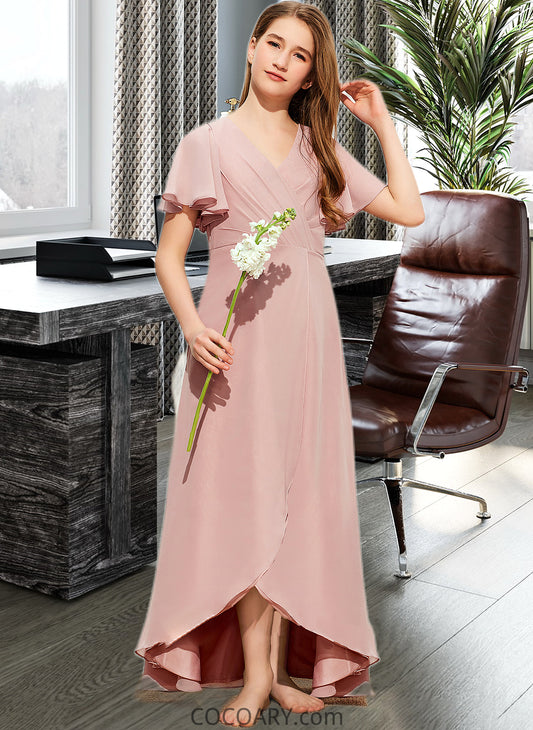 Desiree A-Line V-neck Asymmetrical Chiffon Junior Bridesmaid Dress With Ruffle DA8P0013604