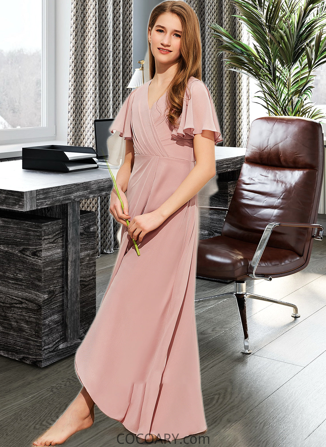 Desiree A-Line V-neck Asymmetrical Chiffon Junior Bridesmaid Dress With Ruffle DA8P0013604