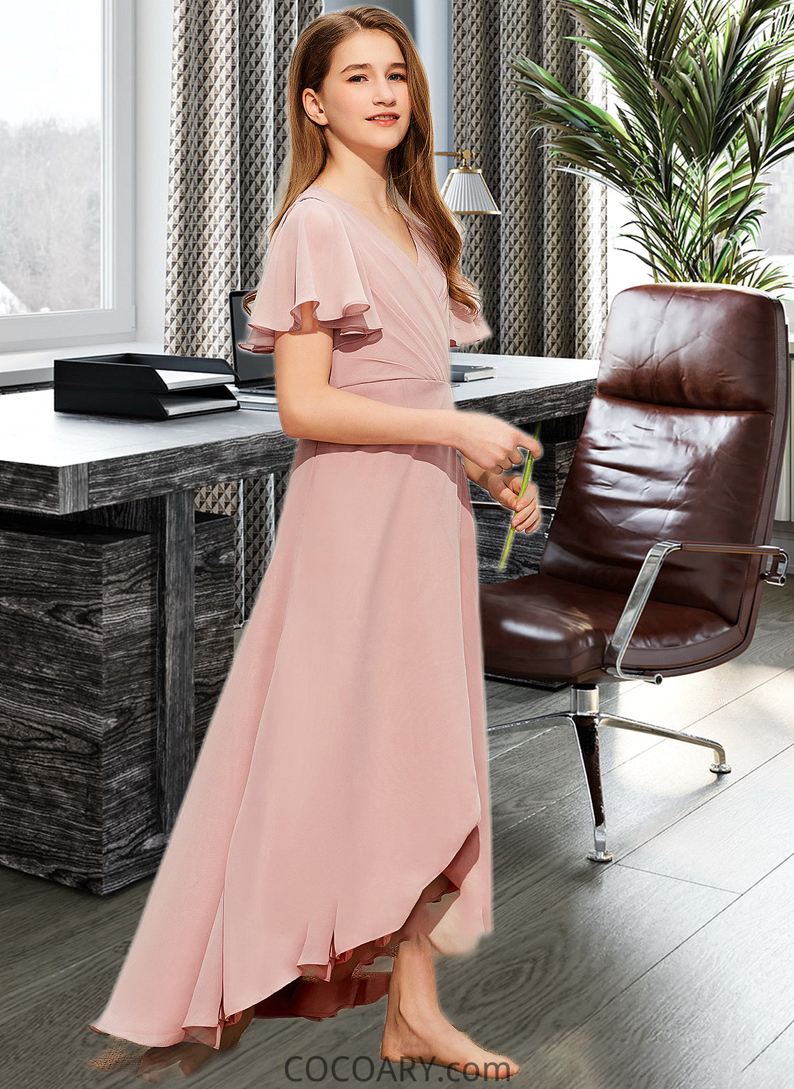 Desiree A-Line V-neck Asymmetrical Chiffon Junior Bridesmaid Dress With Ruffle DA8P0013604