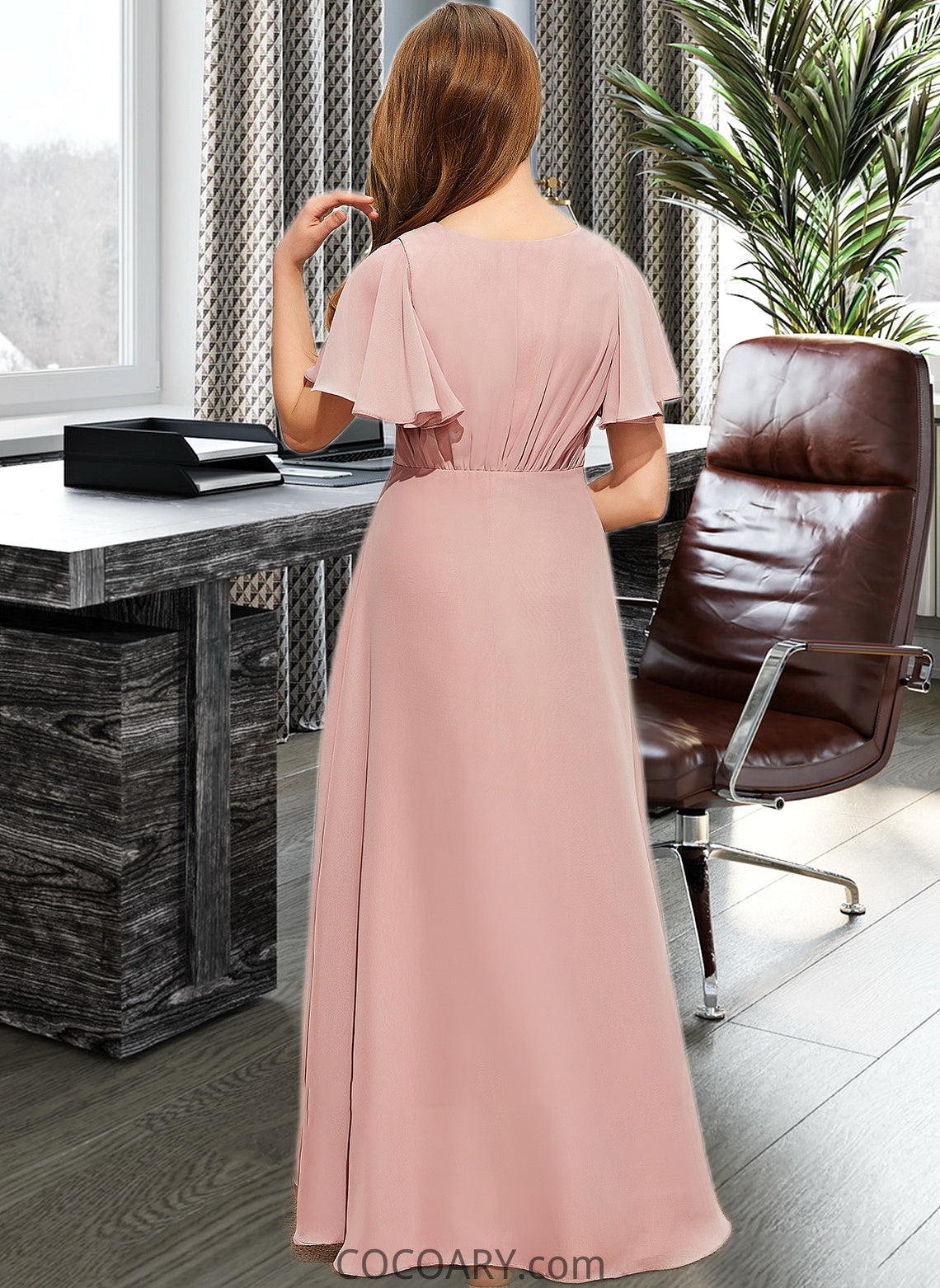 Desiree A-Line V-neck Asymmetrical Chiffon Junior Bridesmaid Dress With Ruffle DA8P0013604