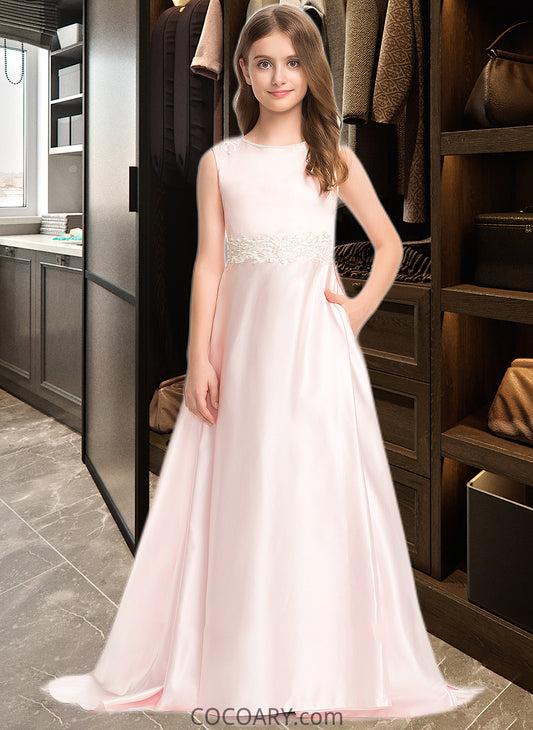 Brielle A-Line Scoop Neck Sweep Train Satin Lace Junior Bridesmaid Dress With Bow(s) Pockets DA8P0013609