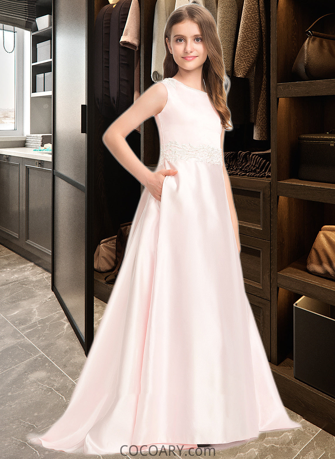 Brielle A-Line Scoop Neck Sweep Train Satin Lace Junior Bridesmaid Dress With Bow(s) Pockets DA8P0013609