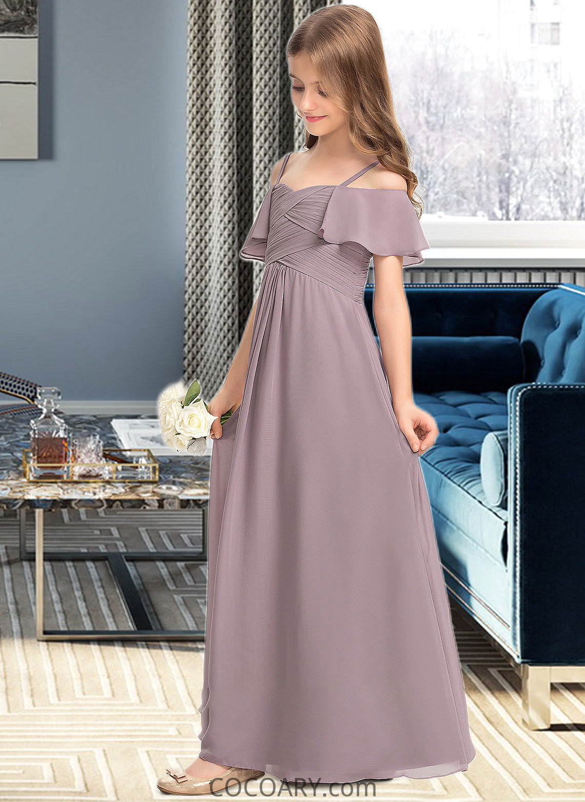 Matilda A-Line Off-the-Shoulder Floor-Length Chiffon Junior Bridesmaid Dress With Ruffle DA8P0013610