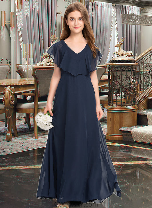 Sarah A-Line V-neck Floor-Length Chiffon Junior Bridesmaid Dress DA8P0013611