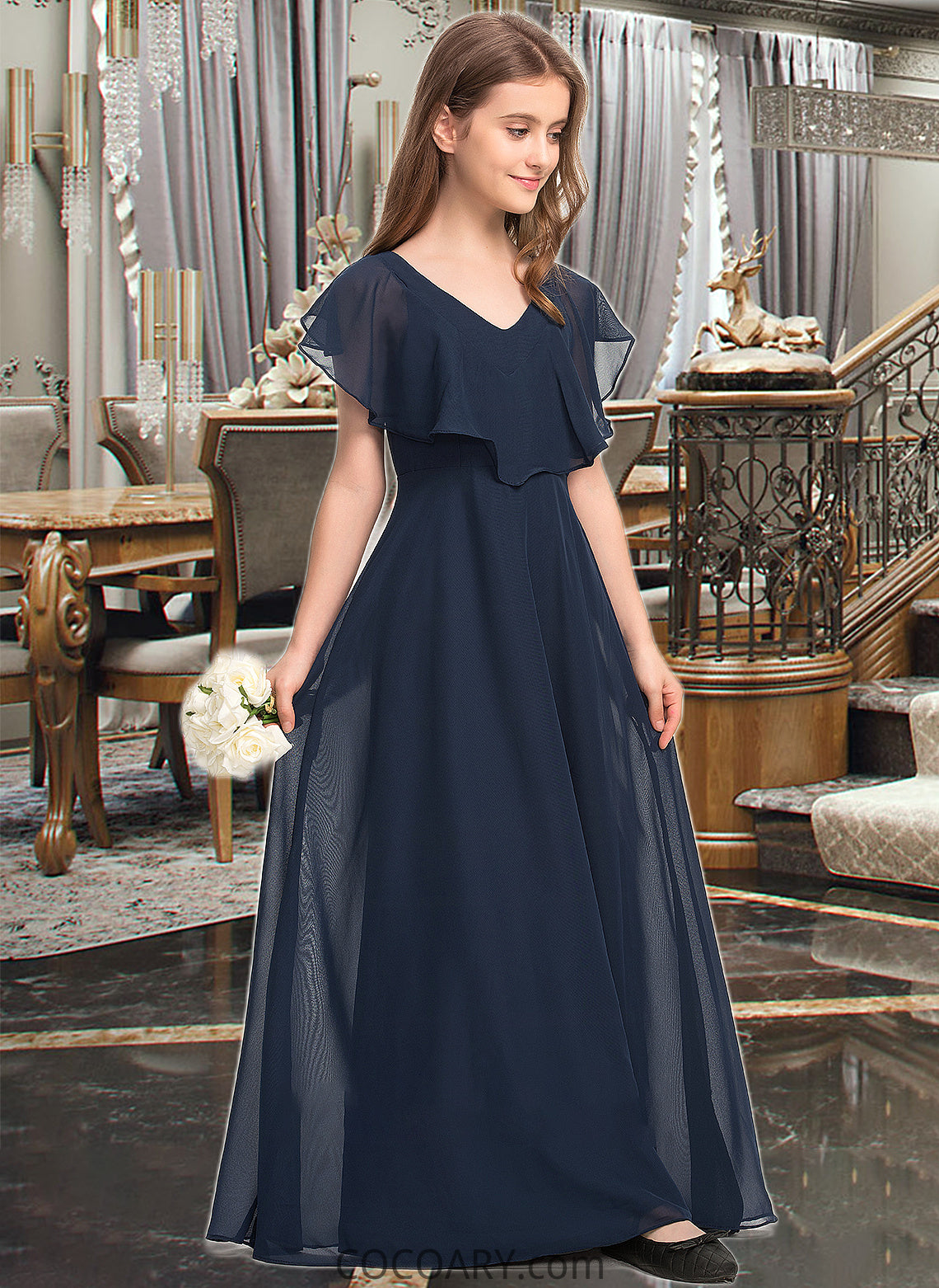 Sarah A-Line V-neck Floor-Length Chiffon Junior Bridesmaid Dress DA8P0013611