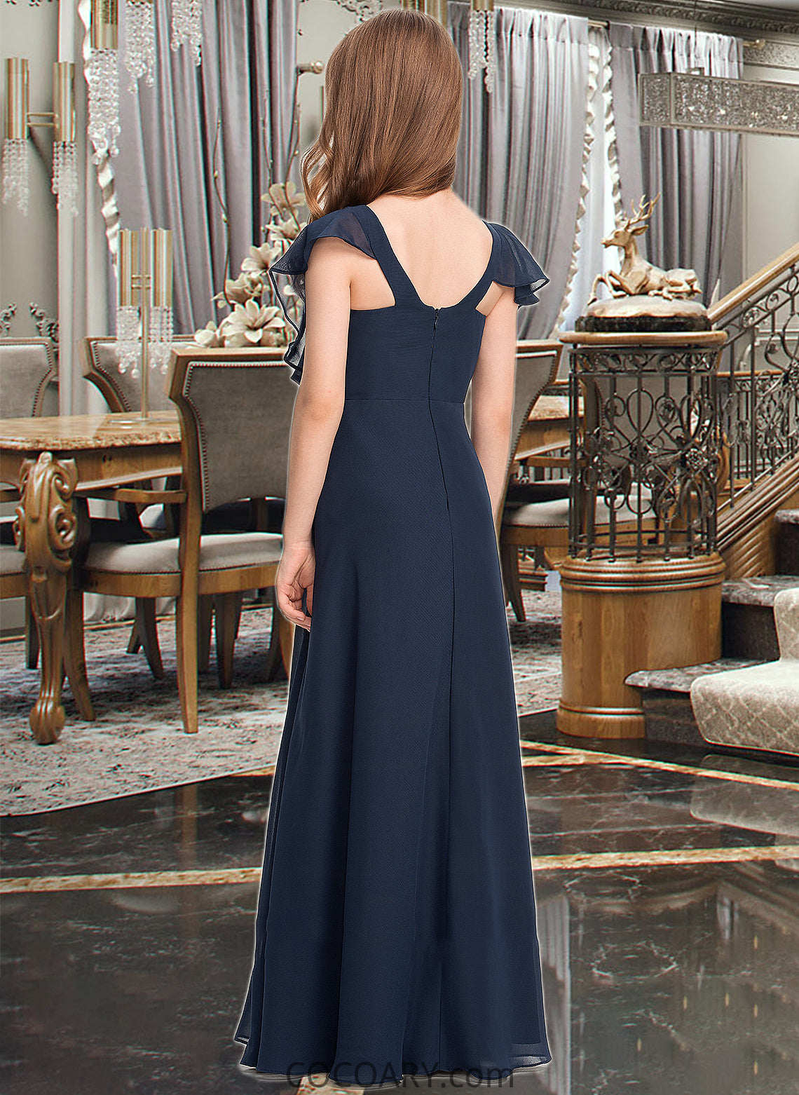 Sarah A-Line V-neck Floor-Length Chiffon Junior Bridesmaid Dress DA8P0013611