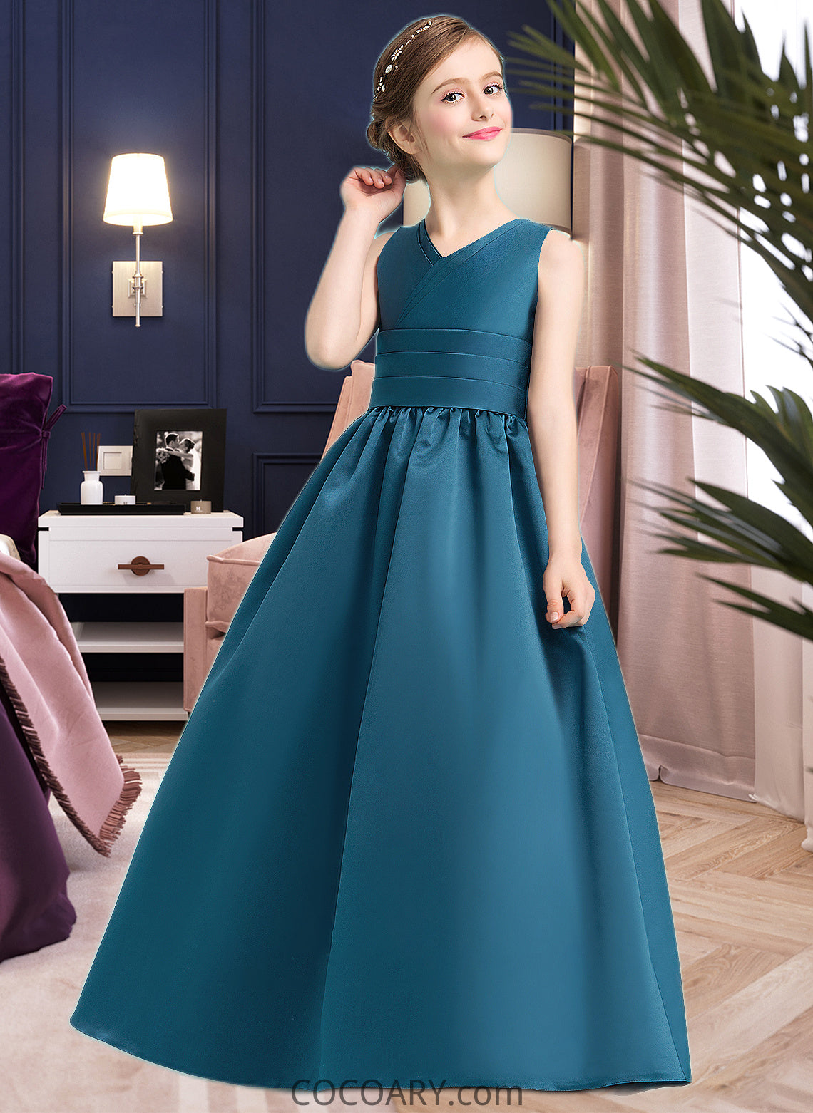 Lara Ball-Gown/Princess V-neck Floor-Length Satin Junior Bridesmaid Dress With Ruffle DA8P0013613